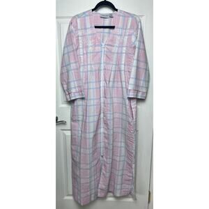 Country Store Women's Full Zip 3/4 Sleeve Duster House Coat Pockets Pink Plaid L